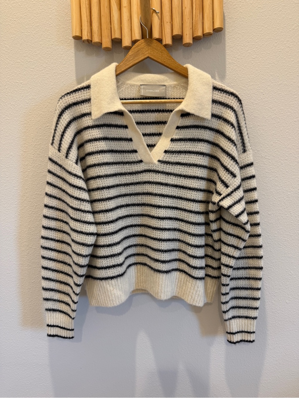 Everlane Alpaca Striped Collared Sweater - Cream & Black